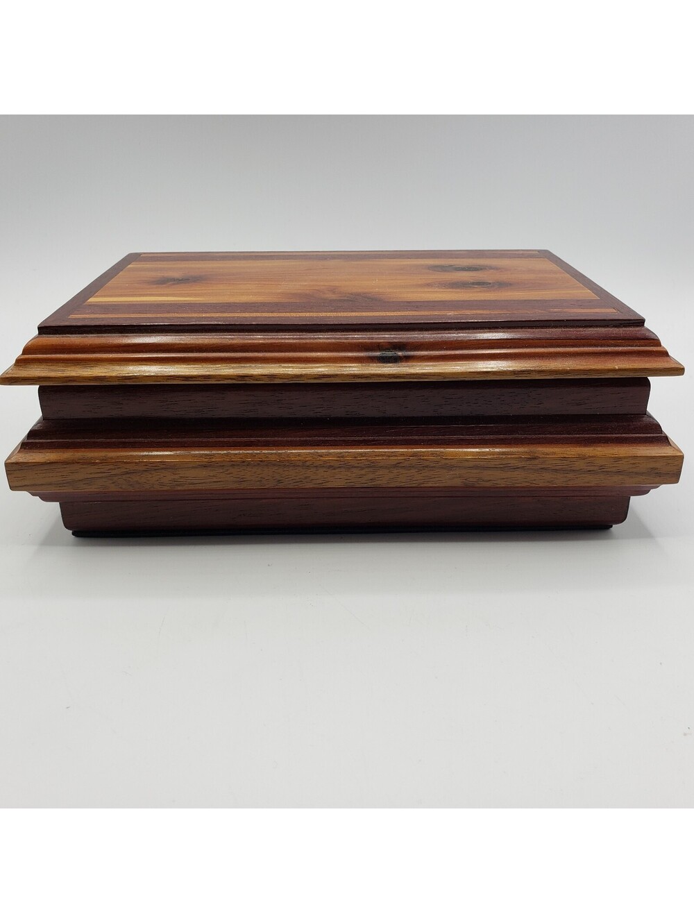 Vintage Inlay Wood Marquetry Jewelry Box Hinged Mirrored Lid Ring Tray Velvet